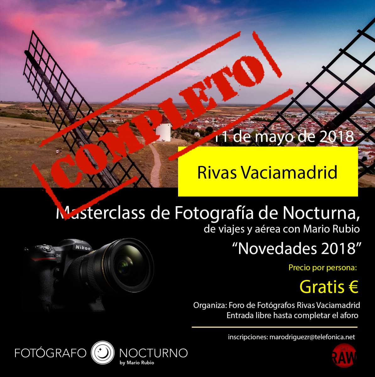 Masterclass de fotografía nocturna, de viajes y aérea. 11 de mayo de 2018